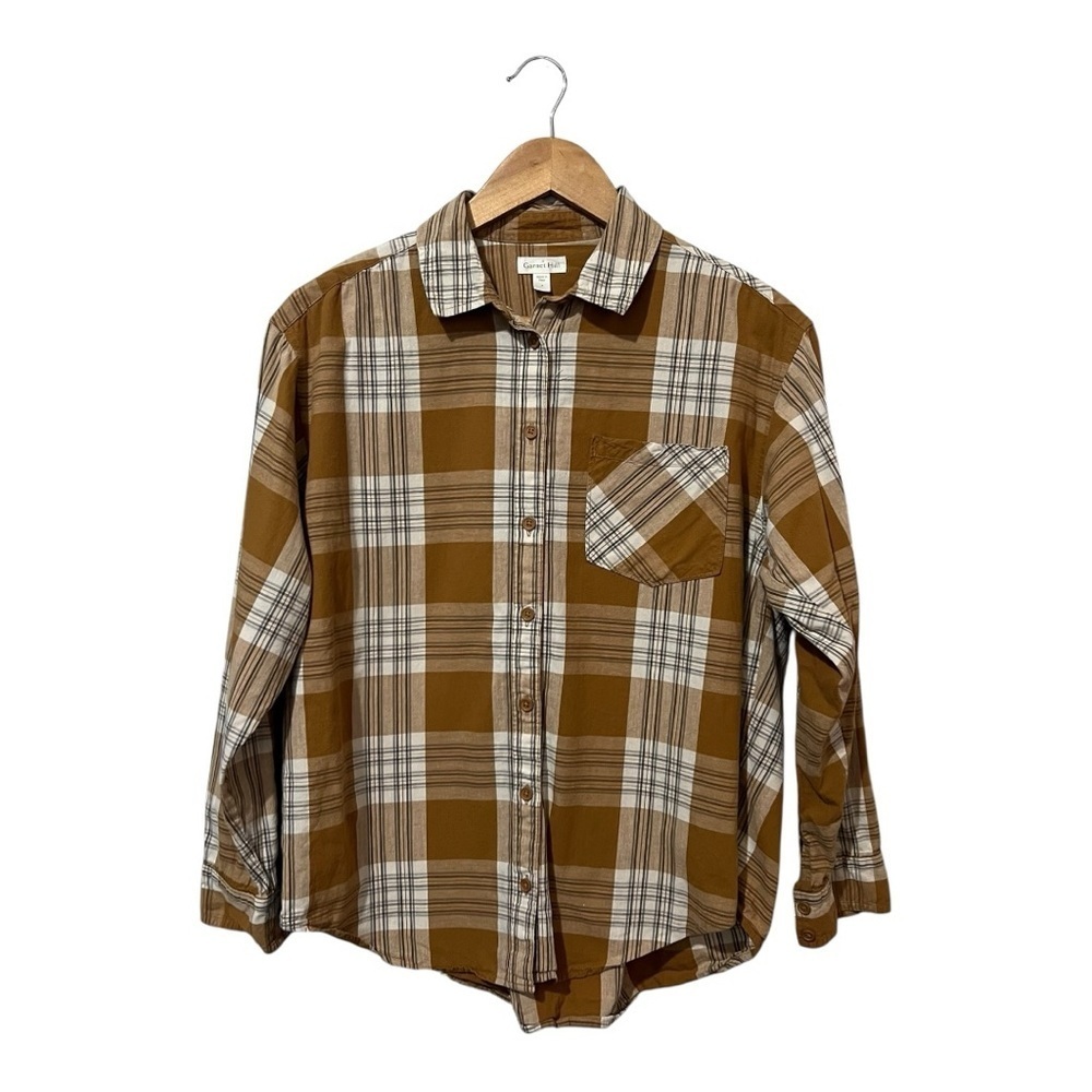 Garnet Hill Essential Boyfriend Brown Plaid Button Front Shirt Back Pleat 4